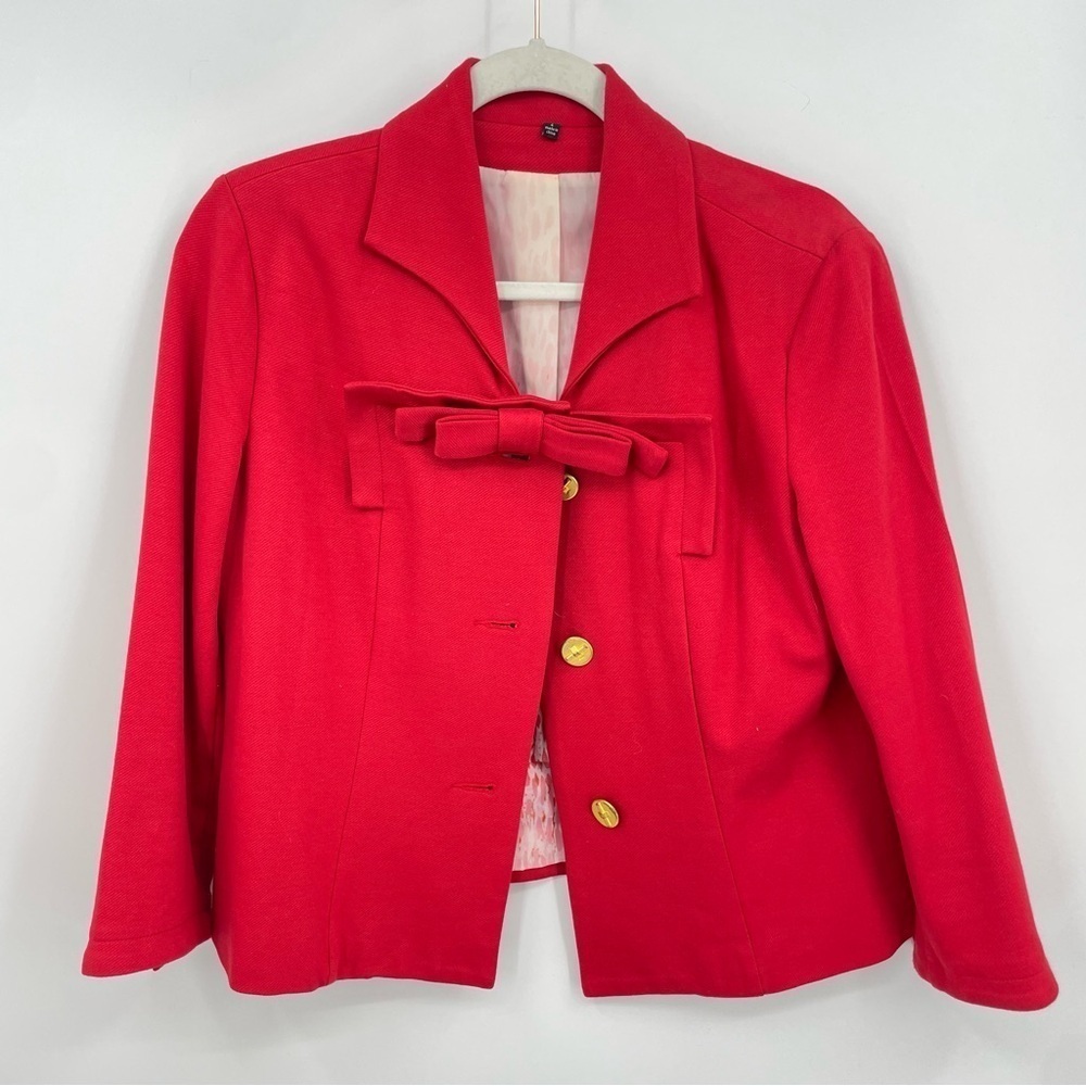Cabi Beau Blazer Jacket Sz 4 Red Gold 3-Button Bow 3/4‎ Sleeve Office Career